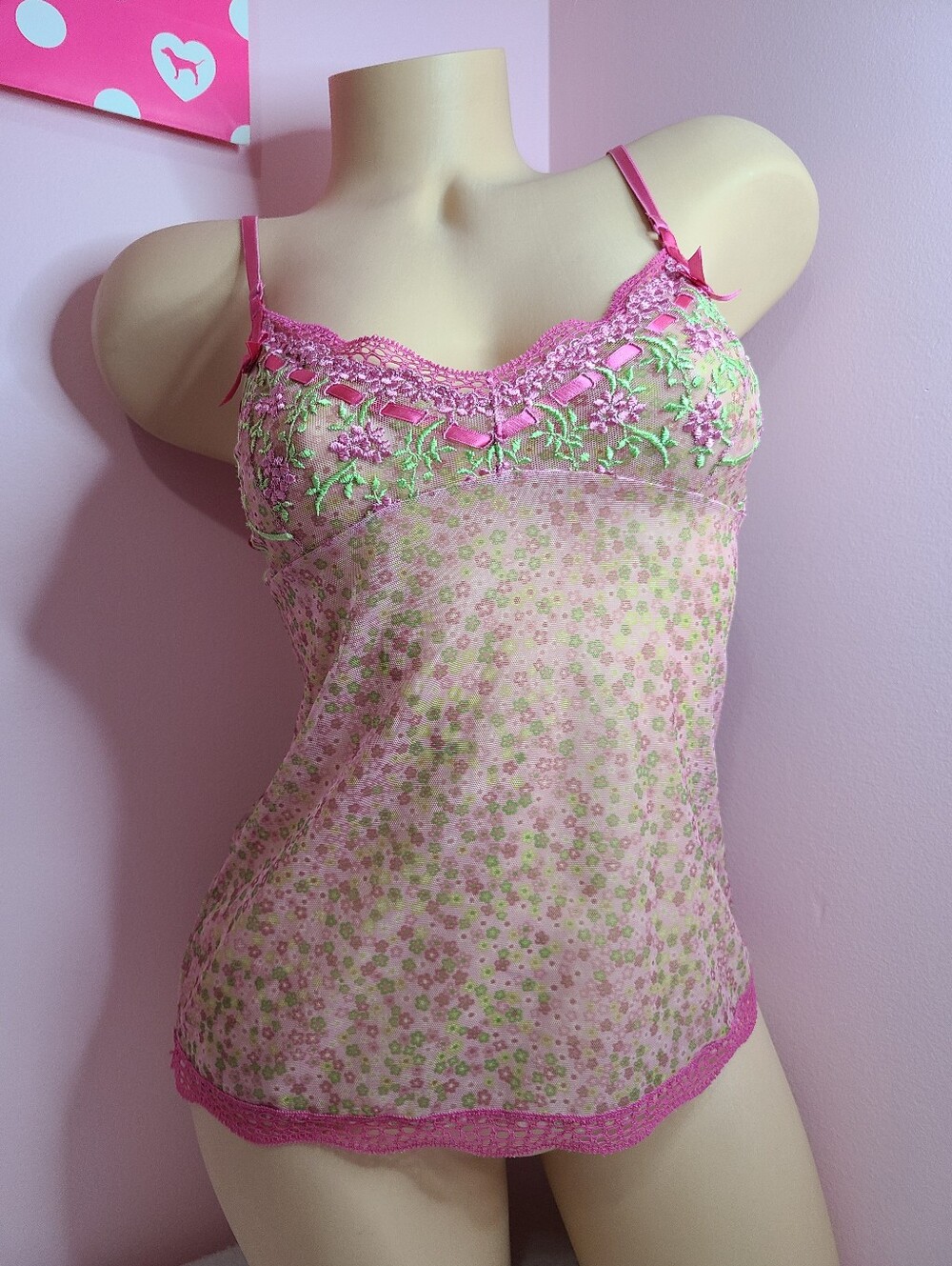 RARE VTG VS Angels Sheer Mesh Embroidered Ribbon Slot Tank Size Sm